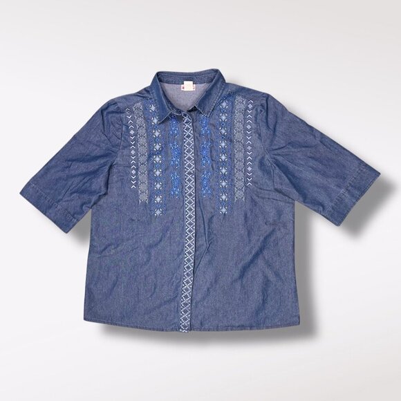 Vintage Y2K American Sweetheart Embroidered Denim Shirt Blue Button Up Western L - Picture 8 of 10